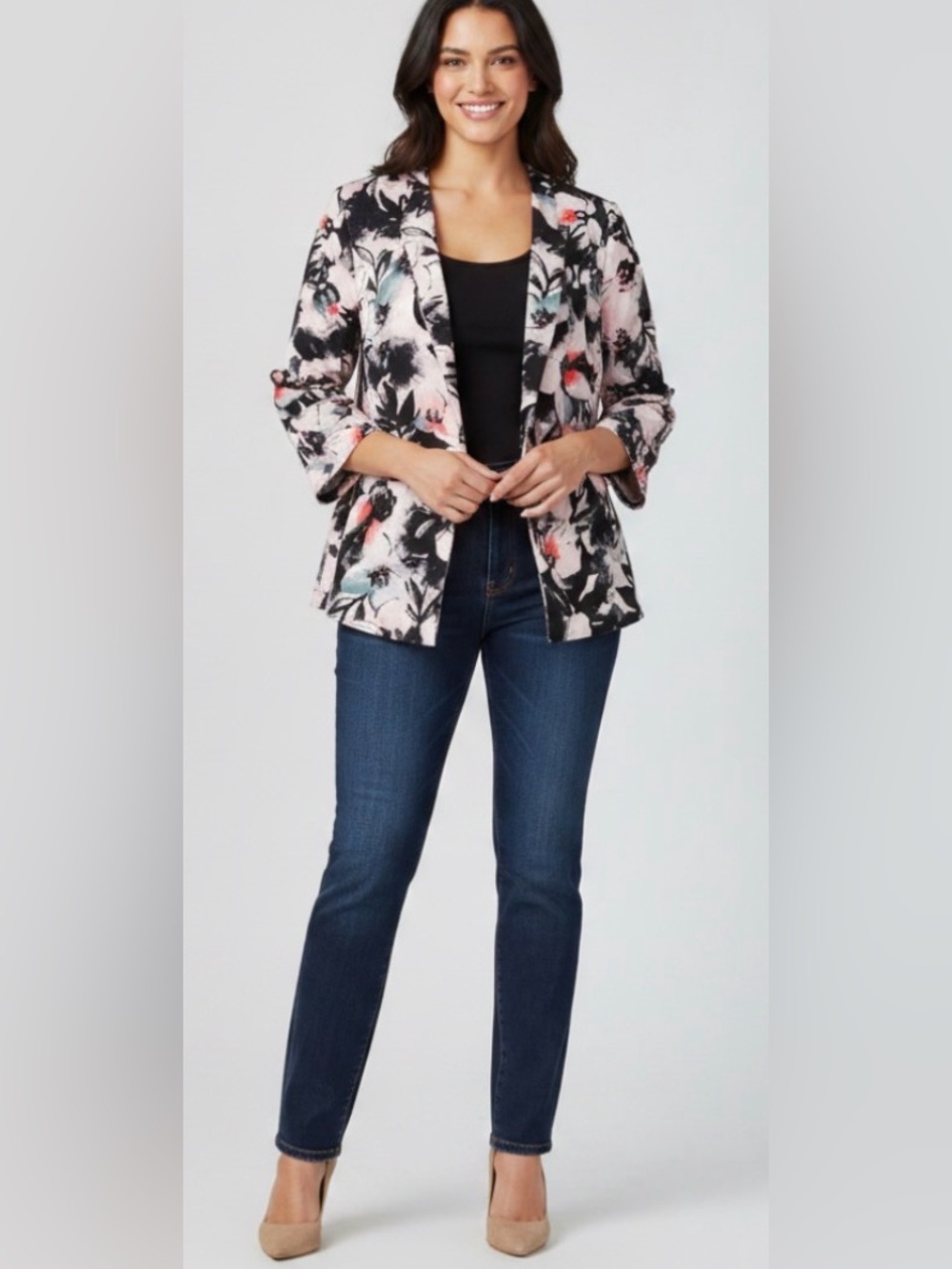 Lane Bryant Floral Print Open Front Blazer 3/4 Bell Sleeve 14W
